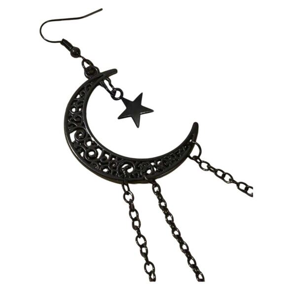 ROMWE Crescent Moon Shaped Hollow Out Stars Tassel Pendant Earrings Whimsygoth - Picture 2 of 5
